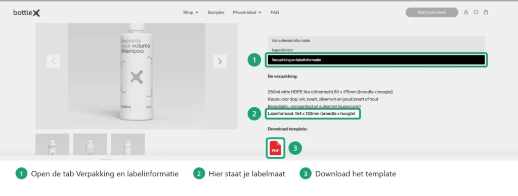 Productpagina met de tab Verpakking en labelinformatie, de labelmaat en de knop Download template