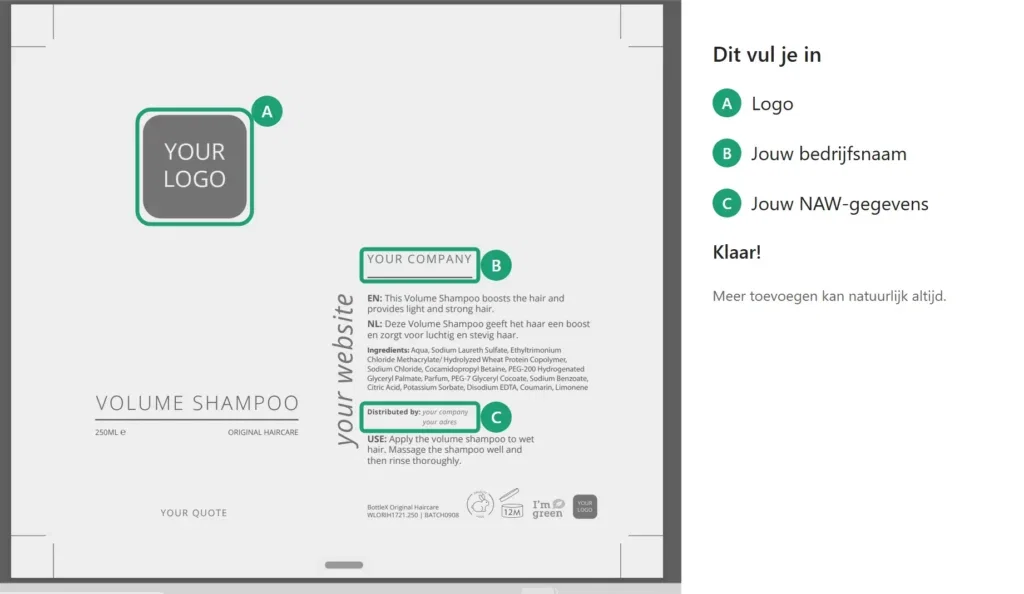 Label-template met drie invulvelden: logo, bedrijfsnaam en NAW-gegevens